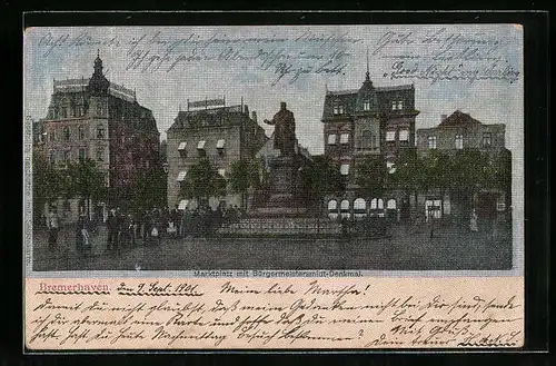 Seiden-Imitations-AK Bremerhaven, Marktplatz mit Bürgermeisterschmidt-Denkmal