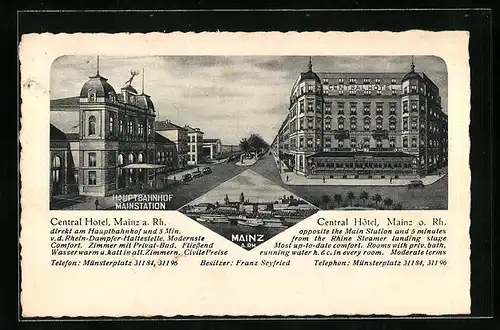 AK Mainz, Hauptbahnhof Mainstation und Central Hotel