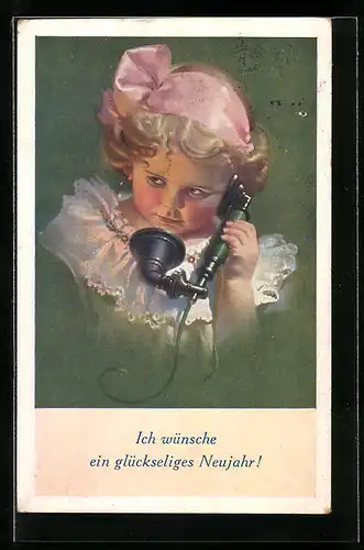 AK Kleines Mädchen am Telefon wünscht ein glückseliges Neujahr