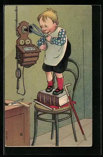 Künstler-AK Junge mit Schere am Telefon