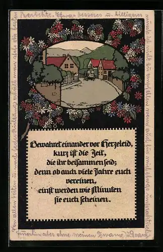 Steindruck-AK Ortspartie mit Spruch