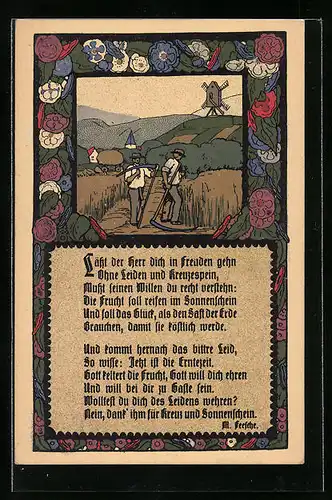 Steindruck-AK Bauern mit Sense dazu ein Spruch von M. Feesche
