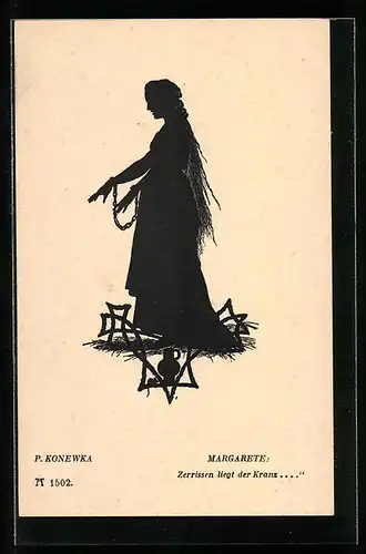 Künstler-AK Paul Konewka: Schattenschnitt, Faust, Margarete, Zerrissen liegt der Kranz