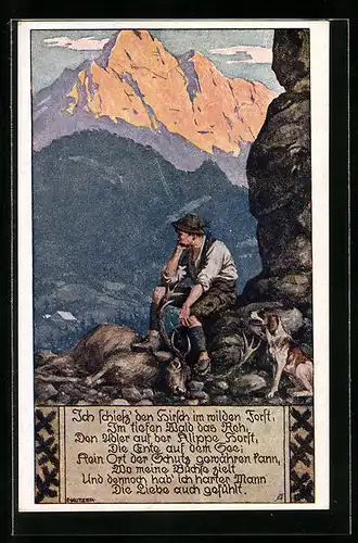 Künstler-AK Ernst Kutzer: Jäger mit erlegtem Hirsch in den Bergen