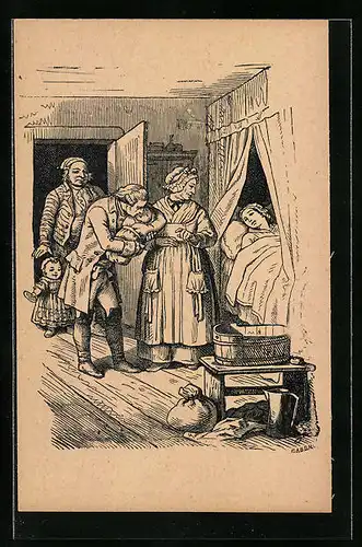 Künstler-AK Ludwig Richter: Friedrich der Grosse von Schwaben - Der junge Vater