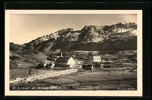 AK St. Christoph am Arlberg, Ortsansicht mit Gebirgspanorama