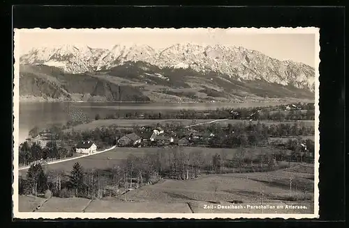 AK Zell, Ortsansicht mit Dexelbach und Parschallen am Attersee mit Gebirgskette