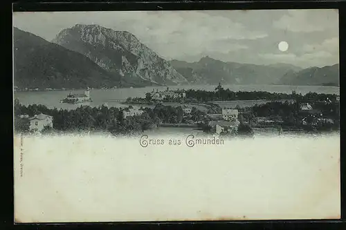 Mondschein-AK Gmunden, Totalansicht aus der Vogelschau