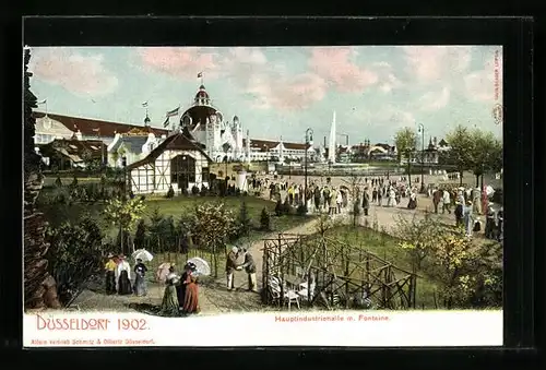 AK Düsseldorf, Industrie- u. Gewerbe-Ausstellung, Hauptindustriehalle mit Fontaine