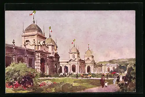 Künstler-AK Torino, Esposizione Internazionale 1911, Padiglione dei Lavori Pubblici e delle Ferrovie