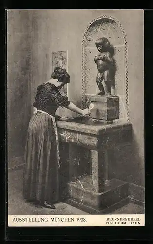 AK München, Ausstellung 1908, Junge Frau am Brunnenbuberl