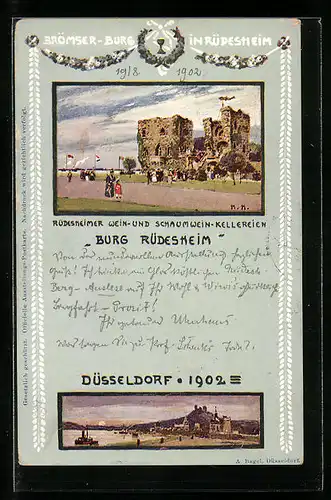 Künstler-AK Düsseldorf, Brömser-Burg in Rüdesheim, Ausstellung 1902