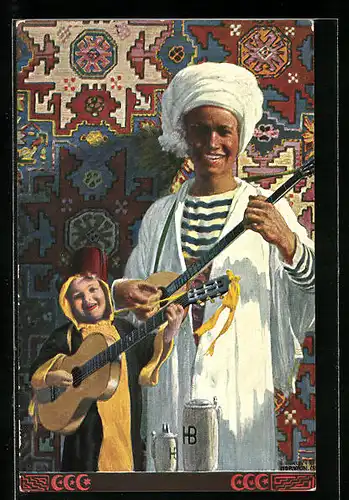 AK München, Ausstellung 1910, Münchner Kindl mit Gitarre und arabischer Junge