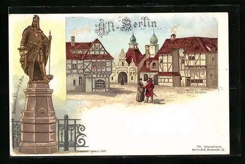 Lithographie Alt-Berlin, Gewerbe-Ausstellung 1896, Denkmal Albrecht d. Bär, kleine Poststrasse