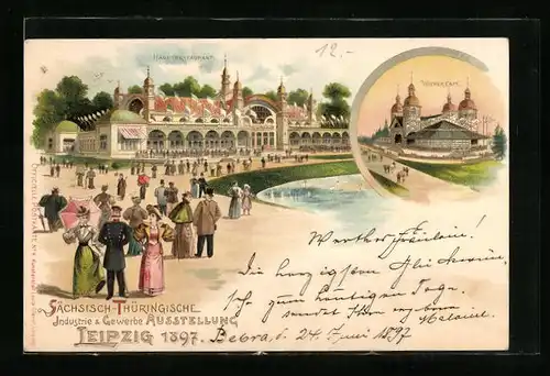 Lithographie Leipzig, Sächsisch-Thüringische Industrie & Gewerbe Ausstellung 1897, Hauptrestaurant, Wiener Cafè