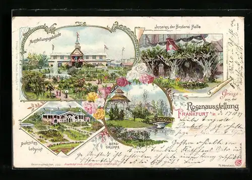 Lithographie Frankfurt a. M., Rosenausstellung1897, Ausstellungsgebäude, Inneres der Bindereihalle, Arabisches Labyrint