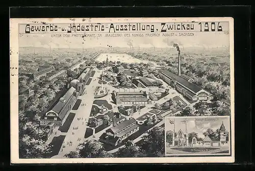 AK Zwickau, Gewerbe- u. Industrie-Ausstellung 1906, Ausstellungsgelände aus der Vogelschau mit Haupteingang