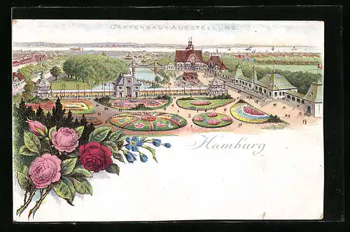 Lithographie Hamburg, Gartenbau-Ausstellung, Ausstellungsgelände aus der Vogelschau