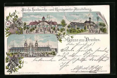 Lithographie Dresden, Sächs. Handwerks- & Kunstgew.-Ausstellung 1896-Verwaltungsgebäude, Maschinenhalle, Wagenbauhalle