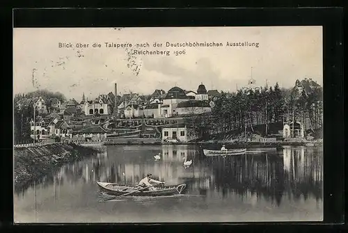 AK Reichenberg, Blick über die Talsperre nach der Deutschböhmischen Ausstellung 1906