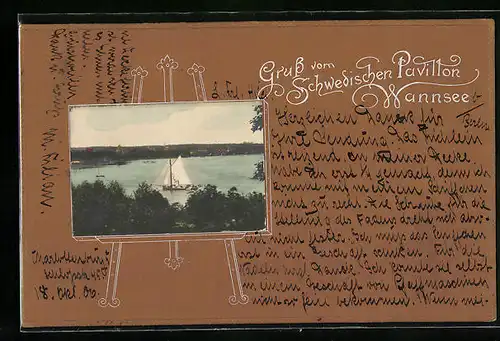AK Berlin-Wannsee, Schwedischer Pavillon, Blick auf den See mit Segelboot