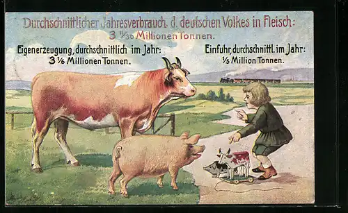 AK Durchschnittlicher Jahresverbrauch des deutschen Volkes in Fleisch, Junge mit Schwein und Rind