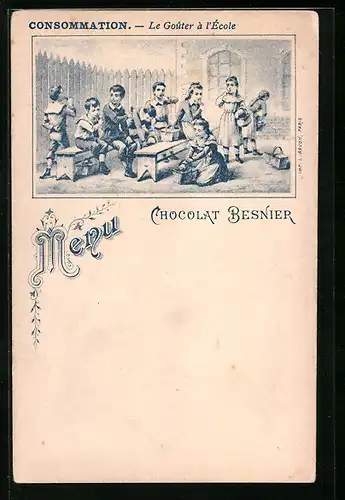 Künstler-AK Kinder auf dem Schulhof, Reklame für Chocolat Besnier