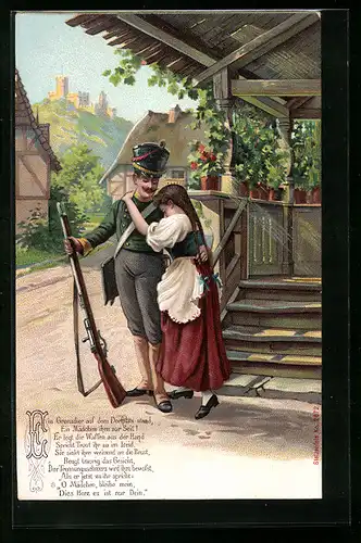 AK Ein Grenadier auf dem Dorfplatz mit einem Mädchen, Befreiungskriege