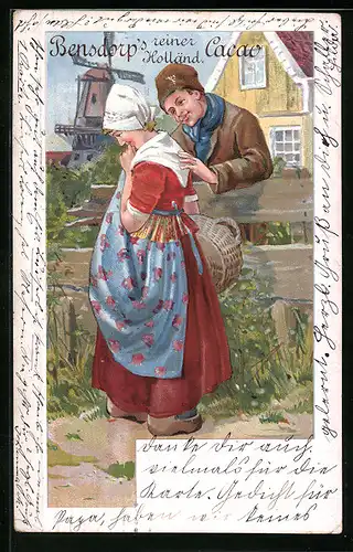 AK Holländisches Paar am Zaun, Im Hintergrund Windmühle, Reklame für Bensdorp`s Holländischen Cacao
