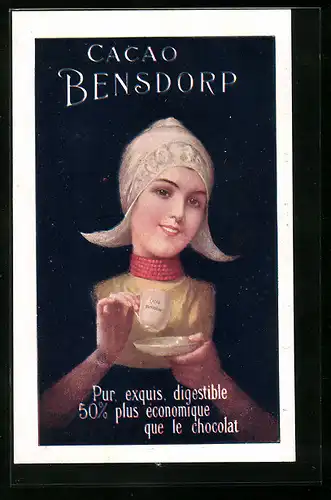 AK Frau trinkt Kakao, Reklame für Cacao Bensdorp