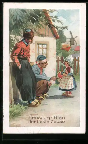 AK Zwei Holländer mit einem Mädchen, Reklame für Cacao Bensdorp Blau