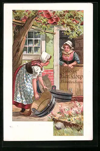 Künstler-AK Amsterdam, Zwei Holländerinnen mit Holzwannen, Reklame für Cacao Bensdorp