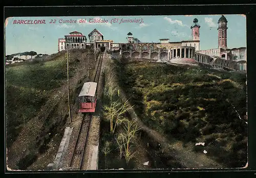 AK Barcelona, 22 Cumbre del Tibidabo, El funicular, Die Bergbahn fährt hinab
