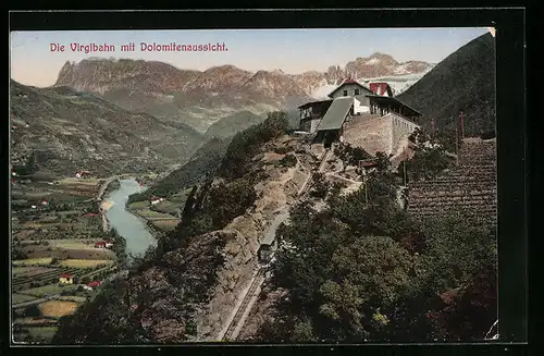 AK Bozen, die Virgilbahn an der Bergstation, Talpanorama mit Blick auf die Dolomiten