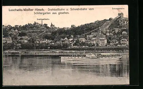 AK Loschwitz, Weisser Hirsch, Drahtseilbahn und Schwebebahn vom Schillergarten aus gesehen