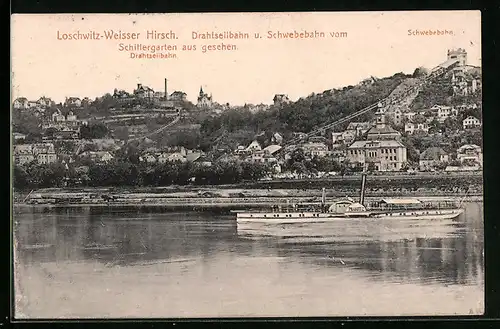 AK Loschwitz, Weisser Hirsch, Stadtpanorama mit Drahtrseilbahn und Schwebebahn vom Schillergarten aus