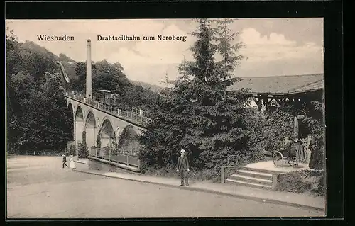 AK Wiesbaden, Passanten an der Strecke der Drahtseilbahn zum Neroberg hinauf