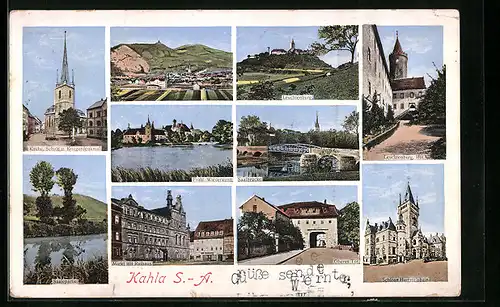 AK Kahla, S.-A., Gesamtansicht, Saalbrücke, Markt mit Rathaus