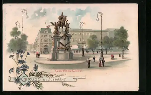Lithographie Düsseldorf, Kaiser Wilhelm-Denkmal mit Passanten, Kornblumen