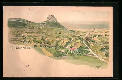 Lithographie Hohenkrähen, Landschaft mit Burgruine auf dem Hohenkrähen