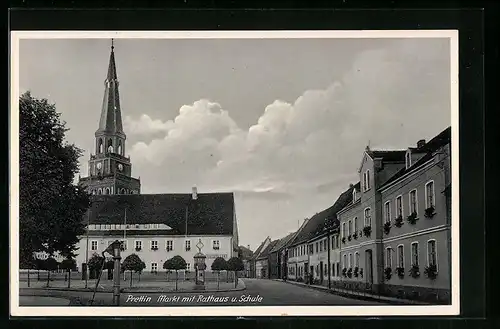 AK Prettin, Rathaus mit Gasthaus Ratskeller und Schule am Markt