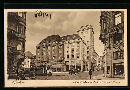 AK Pforzheim, Leopoldplatz mit Musterausstellung, Strassenbahn