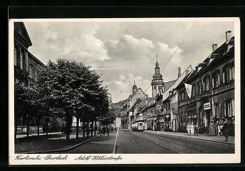 AK Karlsruhe-Durlach, strasse mit Strassenbahn