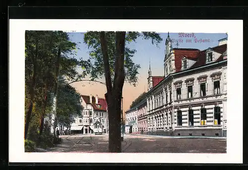 AK Moers, Partie am Postamt mit Strassenbahn