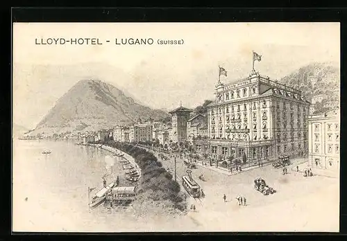AK Lugano, Lloyd-Hotel mit Strasse und Strassenbahn