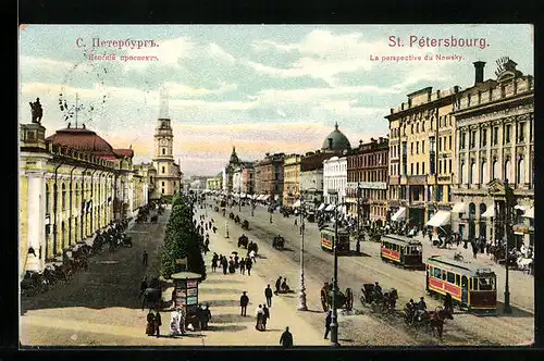 AK St. Petersbourg, La perspective du Newsky, Strassenbahn