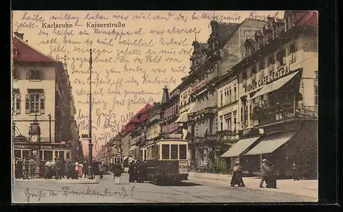 AK Karlsruhe, Kaiserstrasse mit Wiener Cafe Central und Strassenbahn