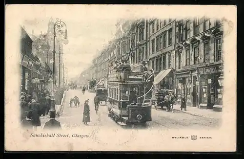 AK Glasgow, Sauchichall Street, Strassenbahn