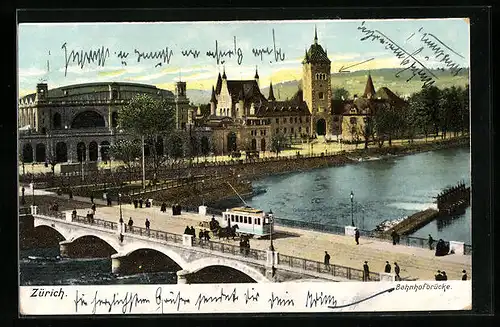 AK Zürich, Bahnhofbrücke mit Strassenbahn