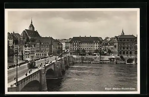 AK Bâle, Pont du Milieu, Strassenbahn